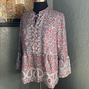 Fever Red and Blue/White Floral Blouse Tie Neck Bell Sleeve